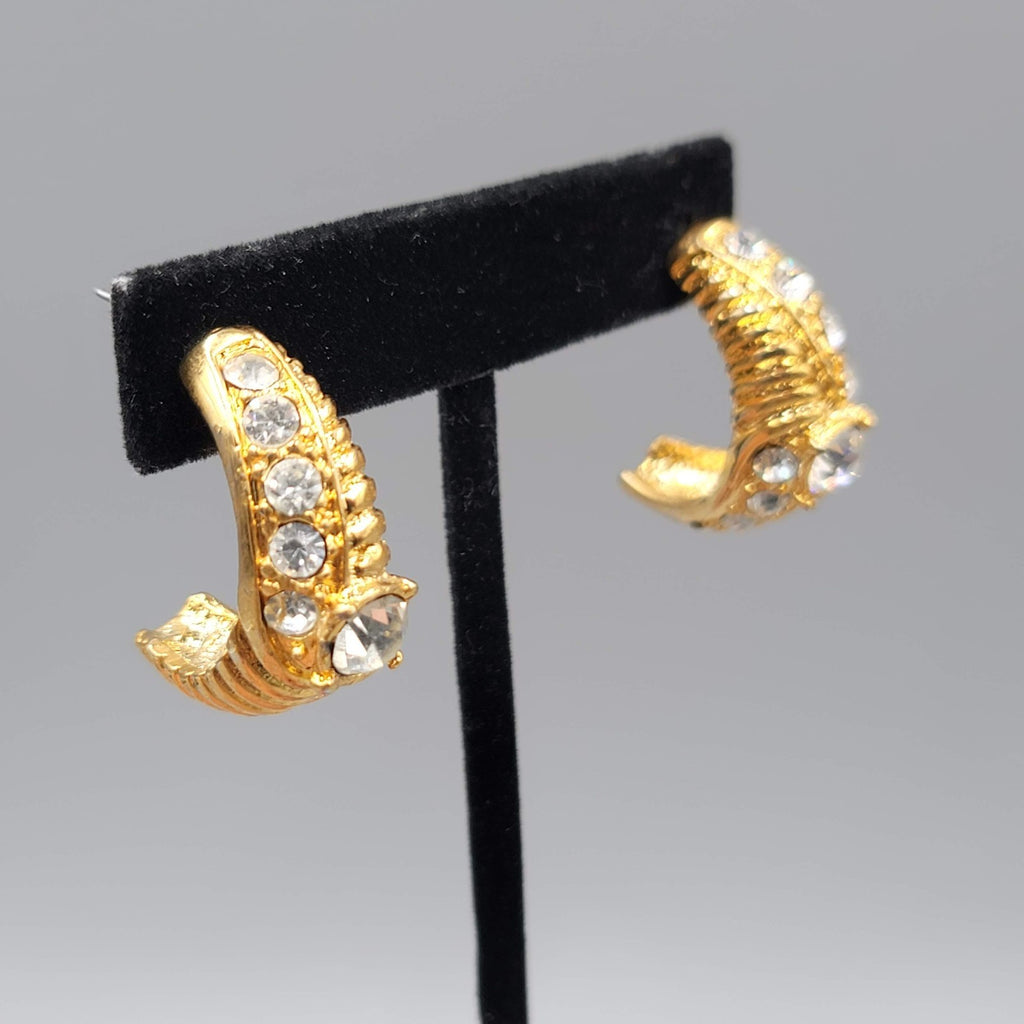 Half Hoop Rhinestone Pierced Earrings Gold tone Dangle Statement 1.25 in
