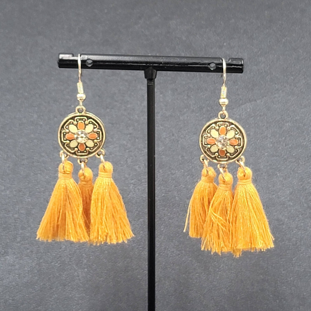 Pierced Earrings Gold tone Orange Tassel Rhinestone Medallion Dangle 1.75"