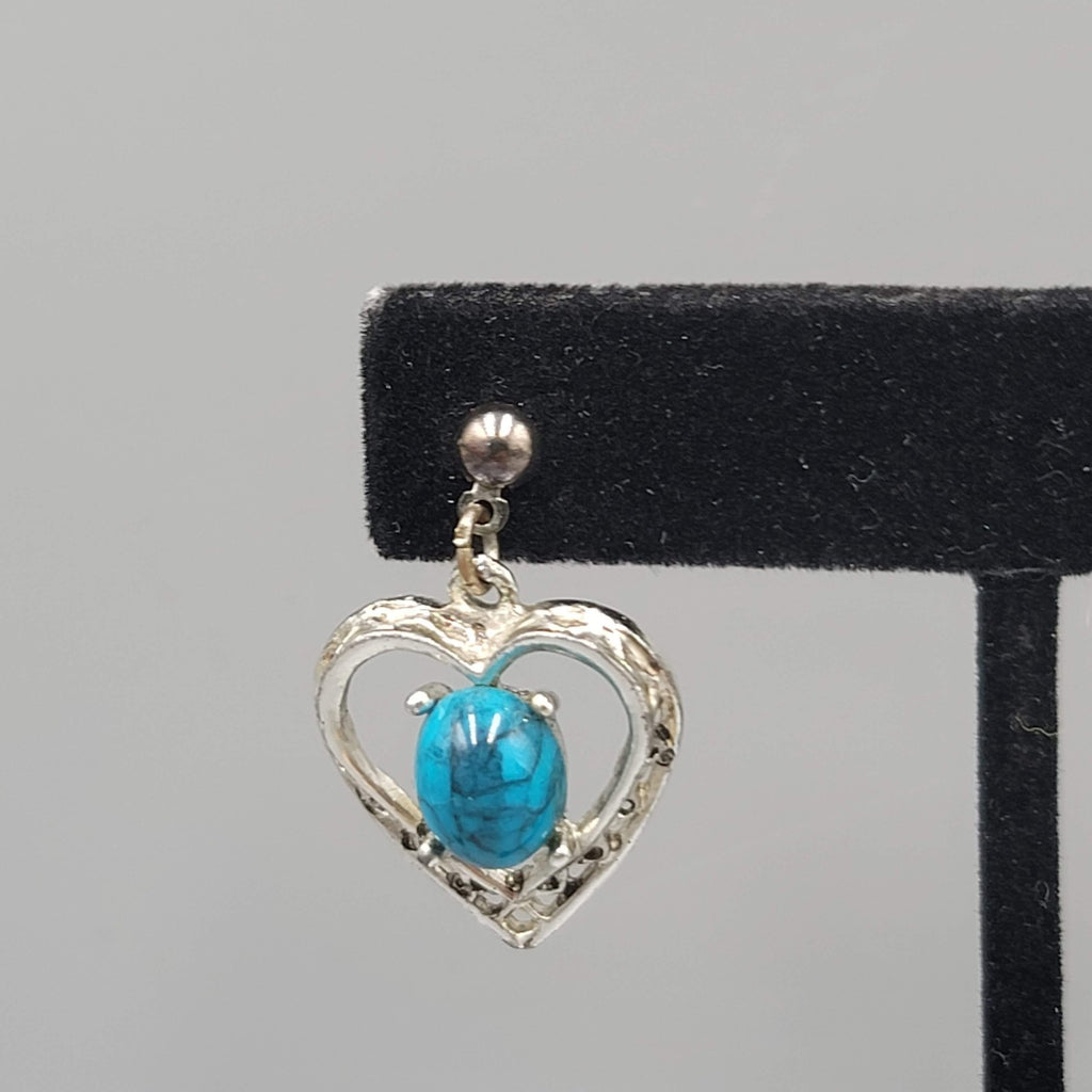 Vintage Heart Faux Turquoise Pierced Earrings Silver tone Dangle  3/4"