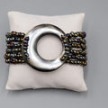 Multi Strand Glass Seed Bead Bracelet with Abalone Shell Ring Accent 6.75 in