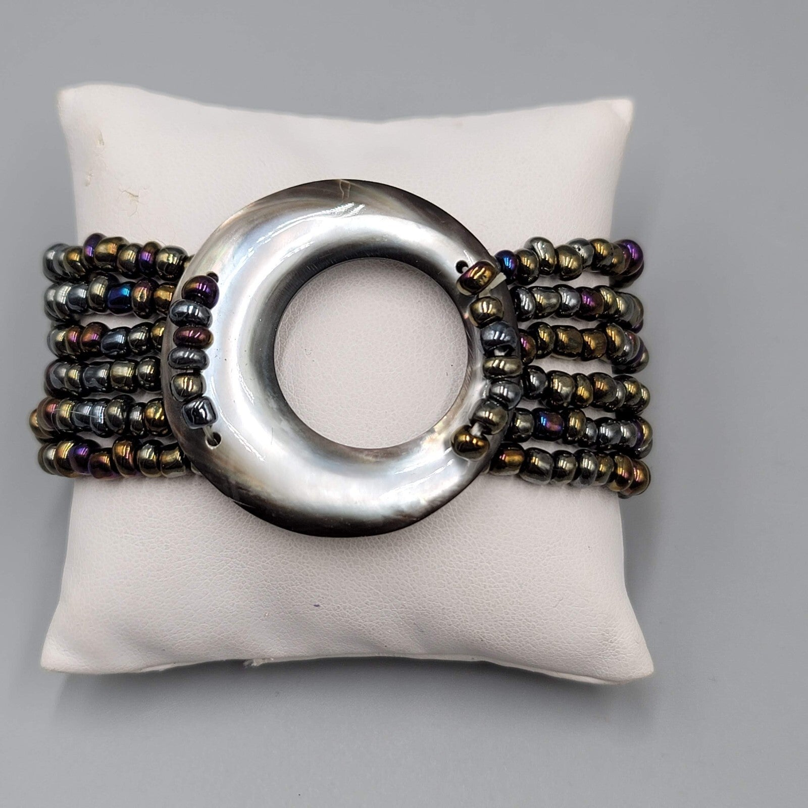 Multi Strand Glass Seed Bead Bracelet with Abalone Shell Ring Accent 6.75 in