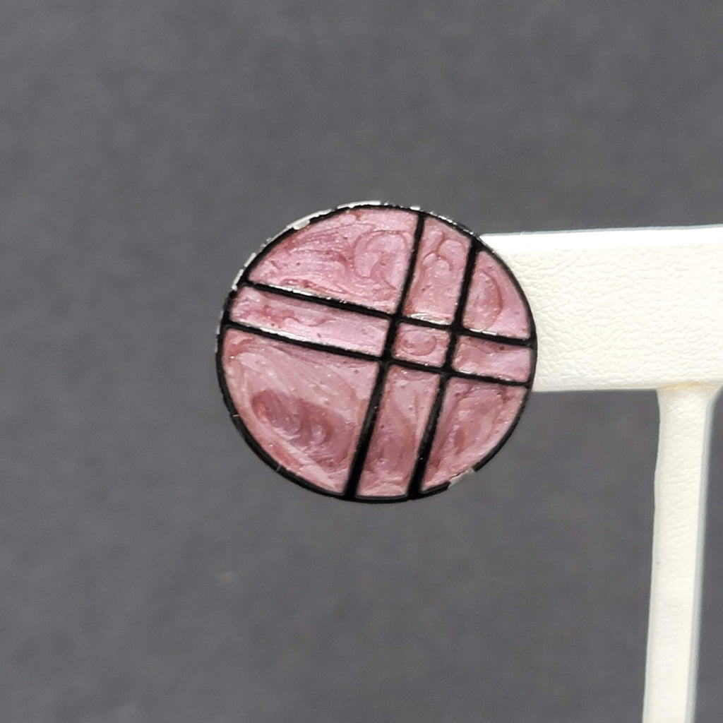 Vintage Pierced Earrings Purple Black Enamel over Metal Round Drop 1"