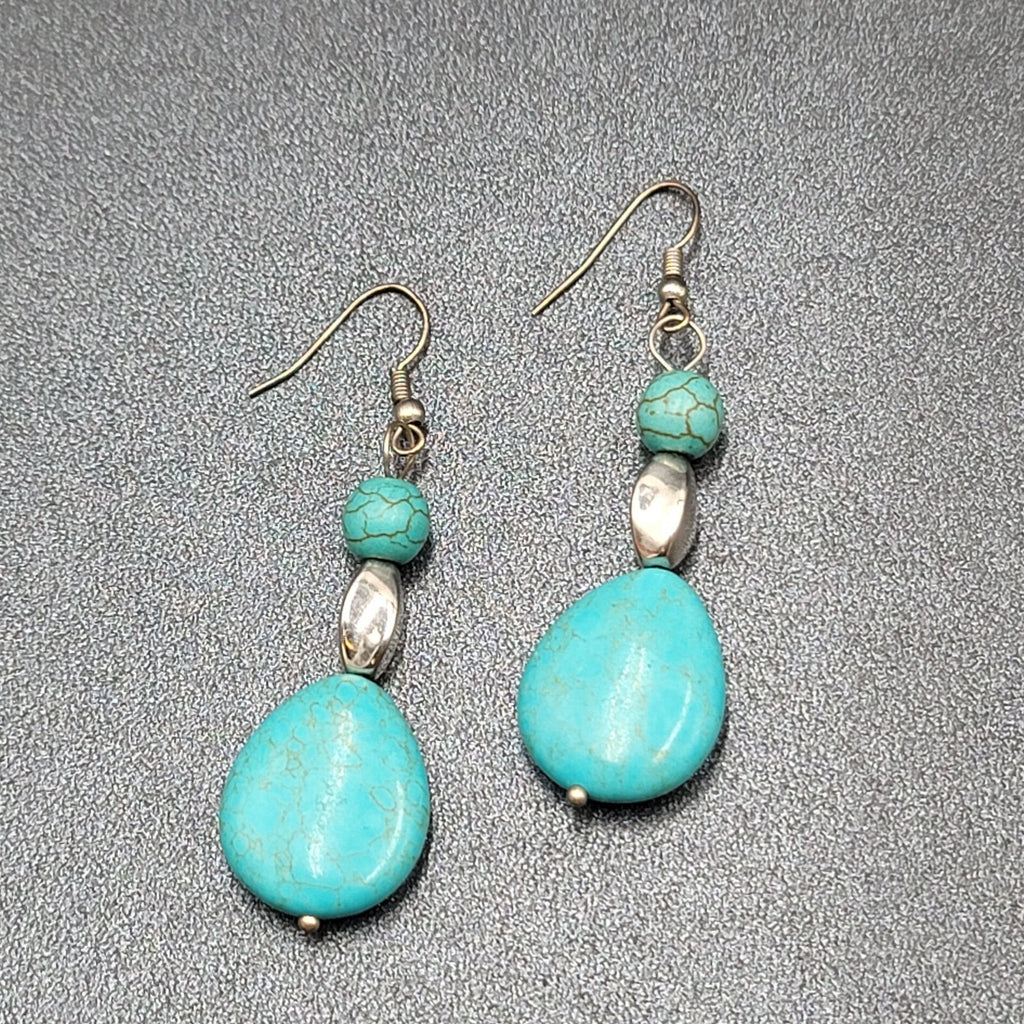 Pierced Earrings Silver tone Dyed Blue Howlite Teardrop Stone Beads 2"