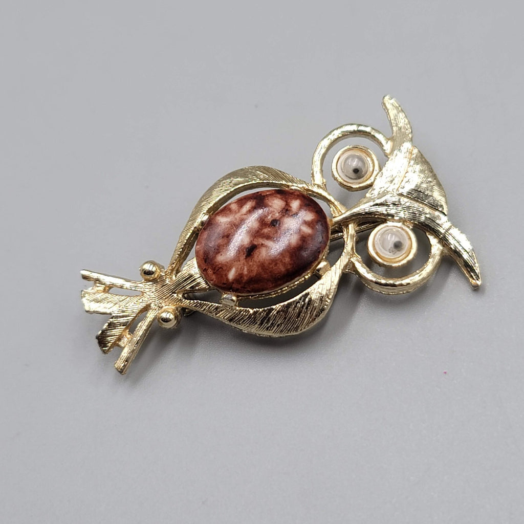 Vintage Owl Brooch Belly With Google Eyes Pin Gold tone 2"
