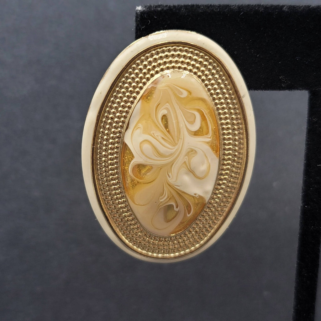 Vintage Pierced Earrings Gold tone Cream Swirl Enamel Long Oval Statement 1.75"