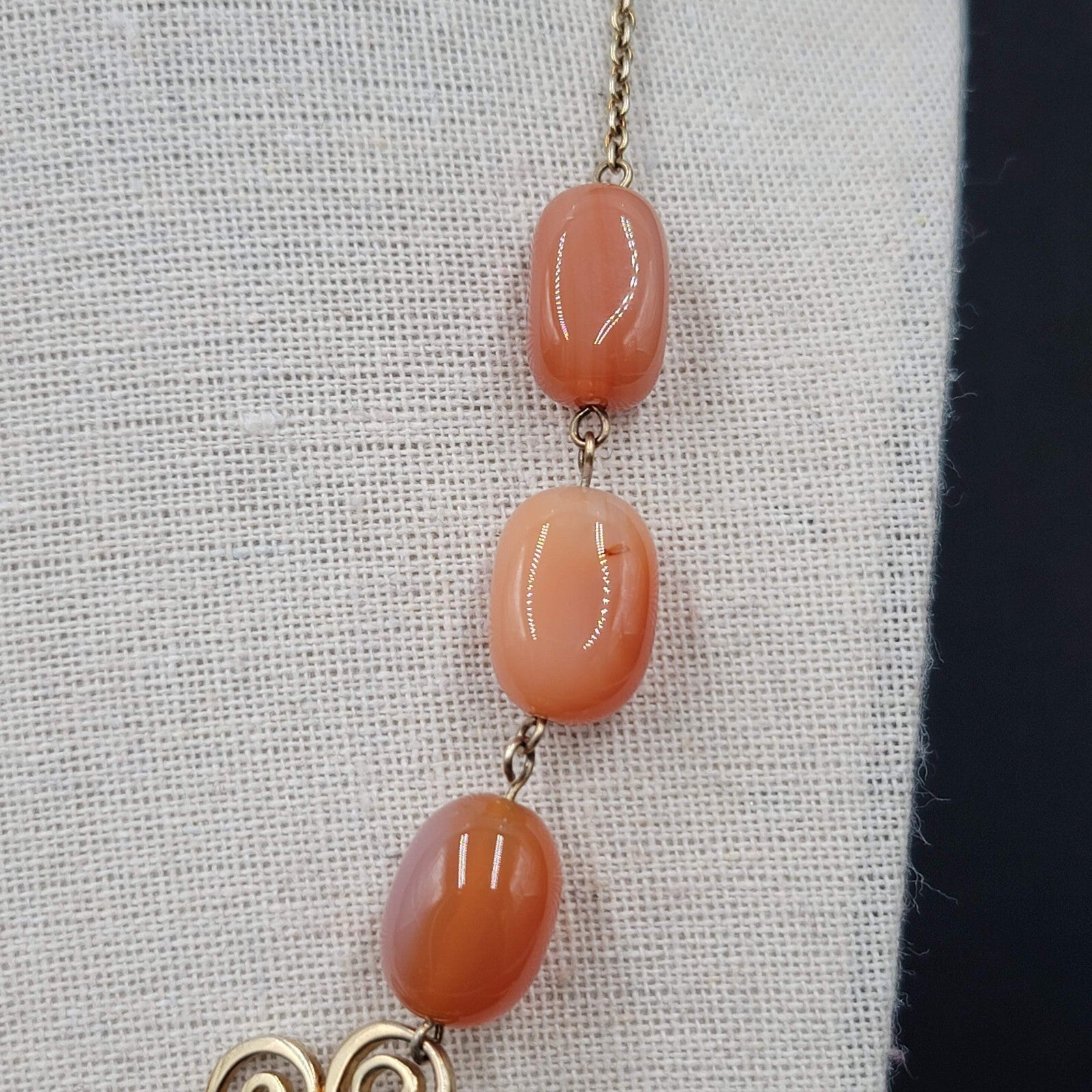 Vintage MWS Gold Plated Sterling Silver Orange Glass Bead Necklace 18"-20"
