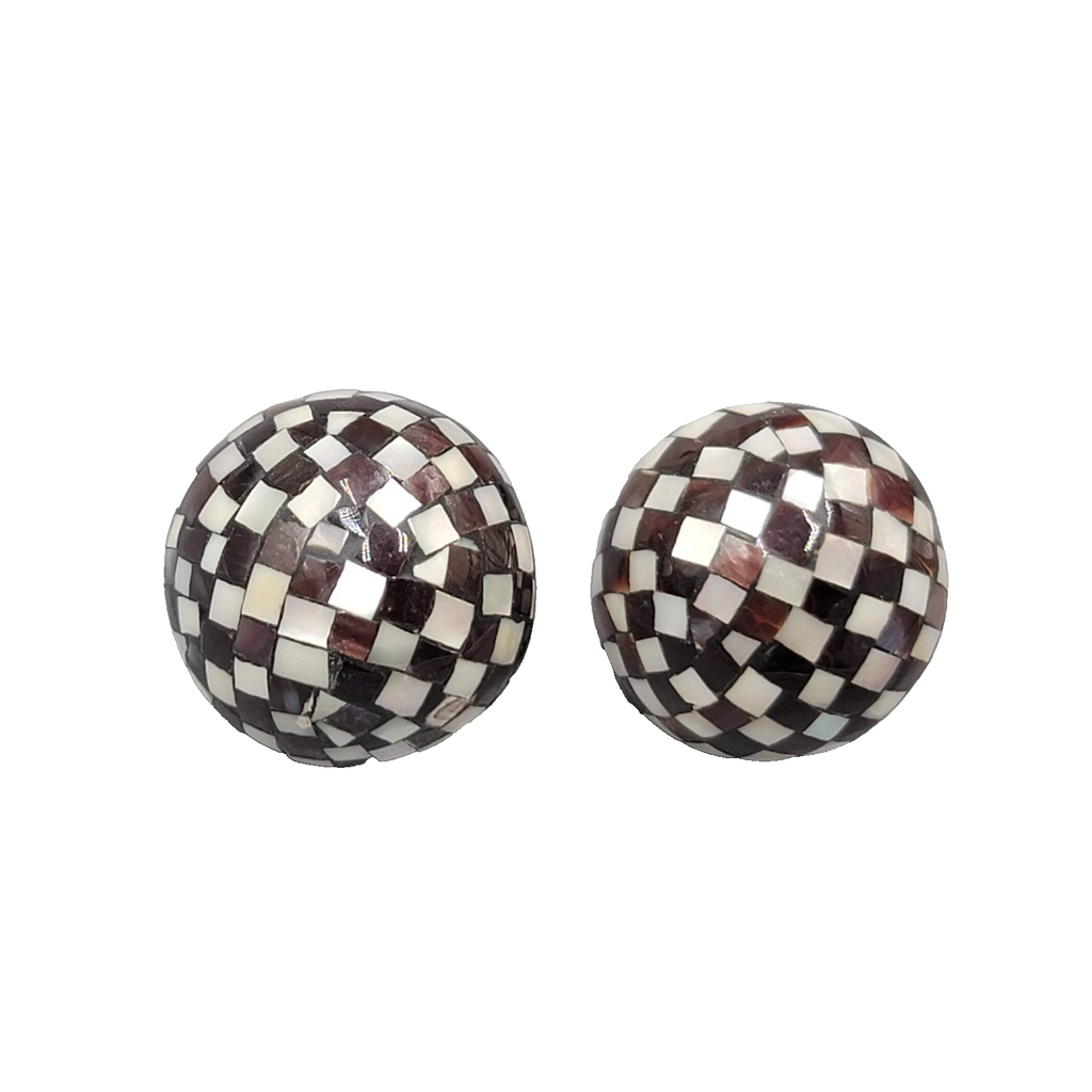 Vintage Mother of Pearl and Wood Inlay Clip on Earrings 1 in