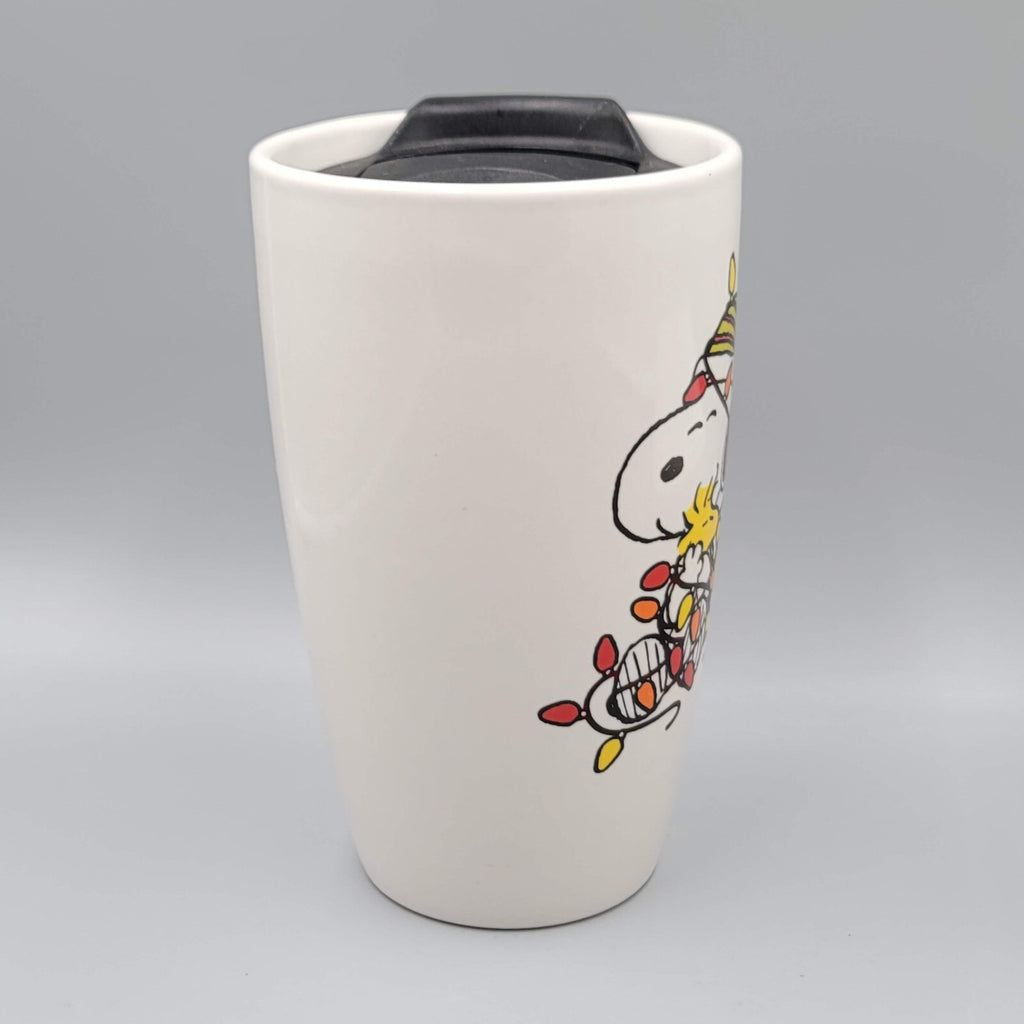 Snoopy and Woodstock Ceramic Travel Mug Christmas Lights Closable Lid 16 oz cap