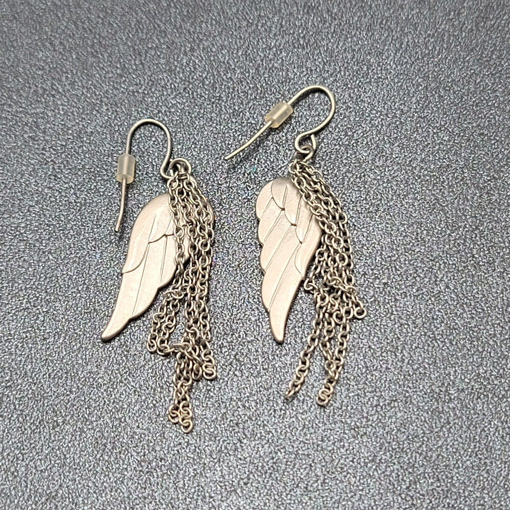 Pierced Earrings Matte Silver tone Angel Wings Dangle Chains 1.75"