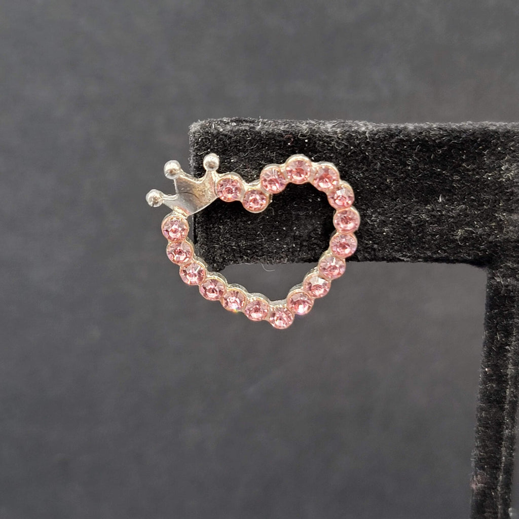 Heart Pierced Earrings Silver tone Crown Pink Crystal Studs 3/4"