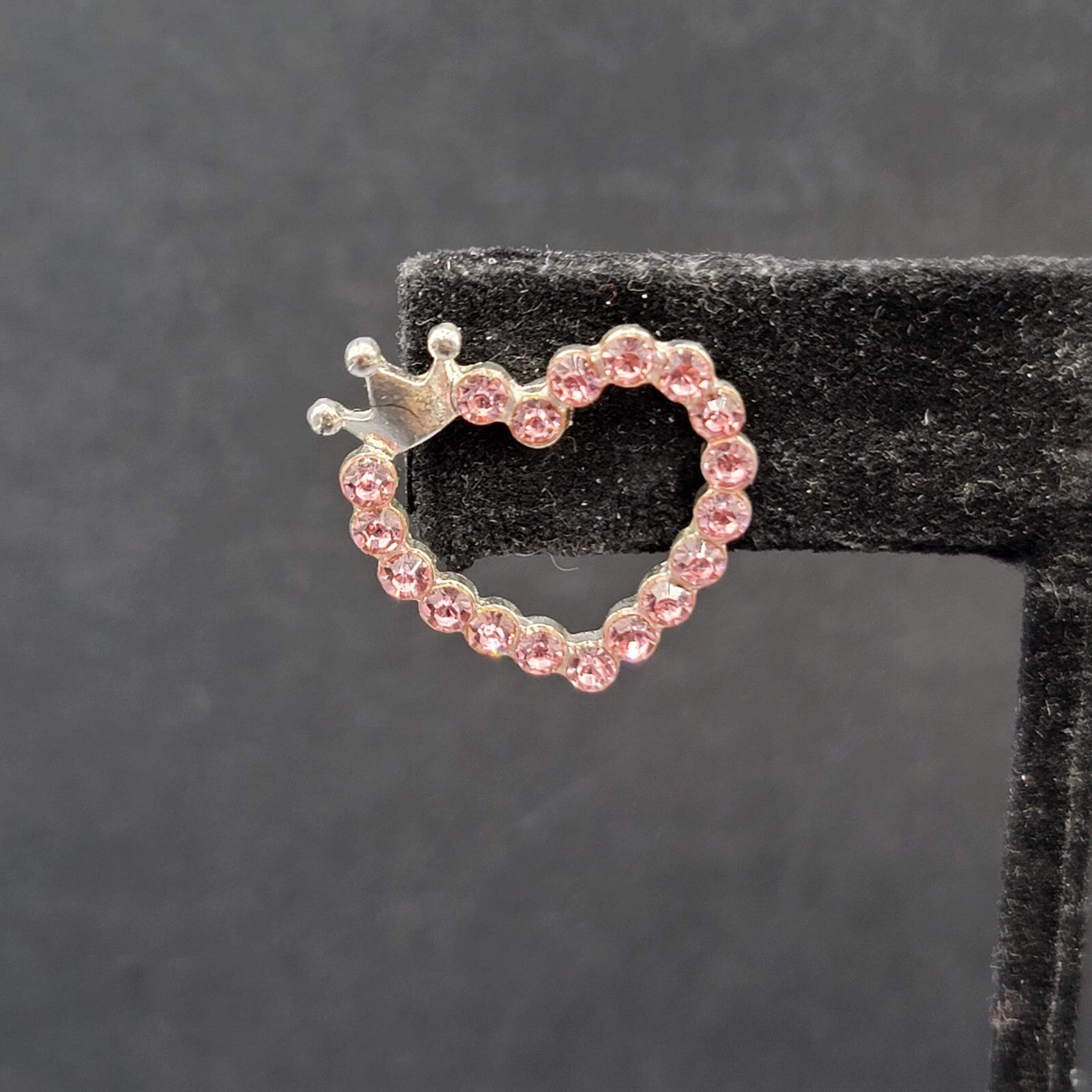Heart Pierced Earrings Silver tone Crown Pink Crystal Studs 3/4"