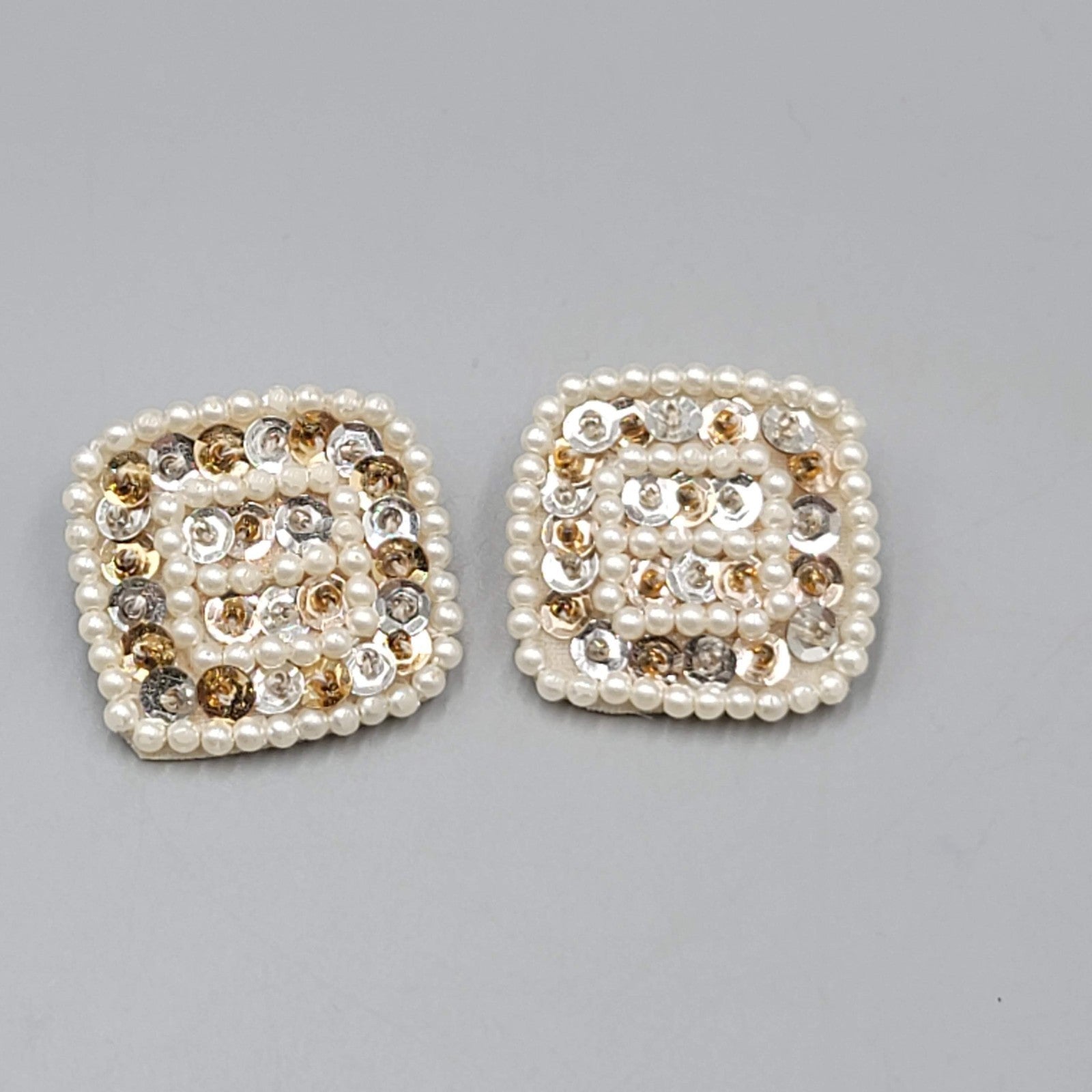 Vintage White Bead Sequin Leather Clip on Earrings Square Gold tone 1.25"