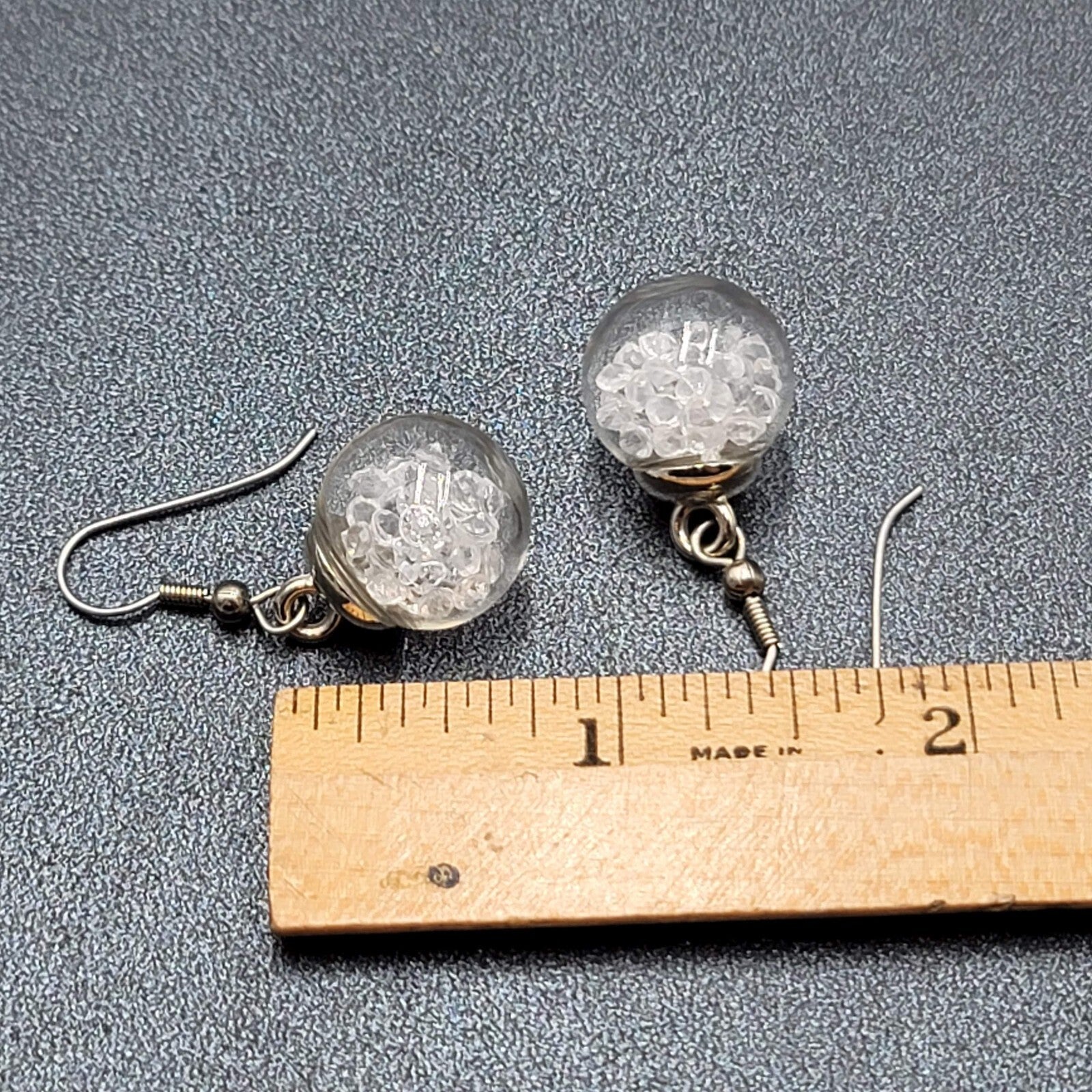 Pierced Earrings Silver tone Loose Clear Rhinestones Filled Sphere Dangle 3/4"