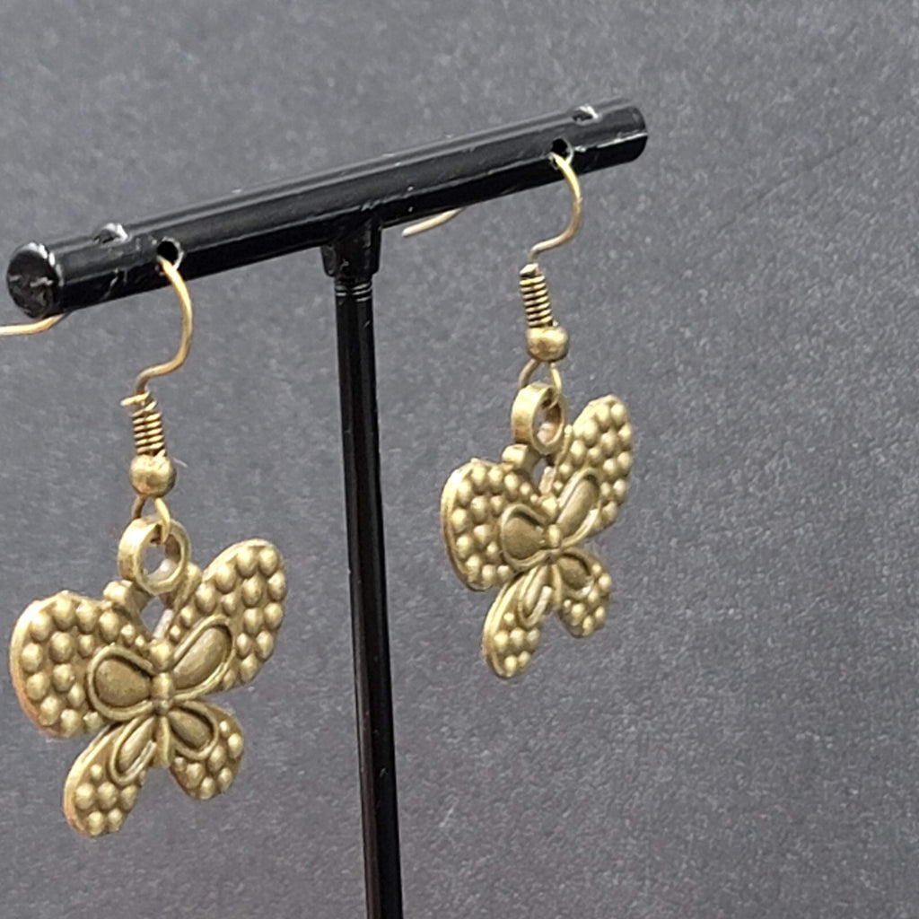 Butterfly Pierced Earrings Dangle Bronze tone Embossed 7/8"