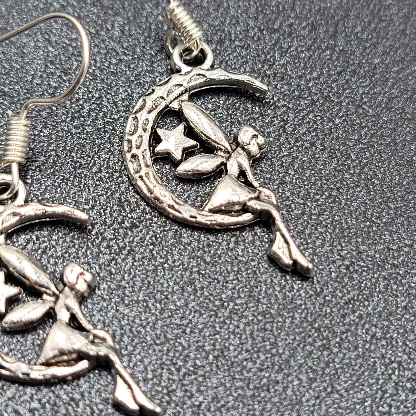 Fairy Moon Pierced Earrings Silver tone Dangle  1"