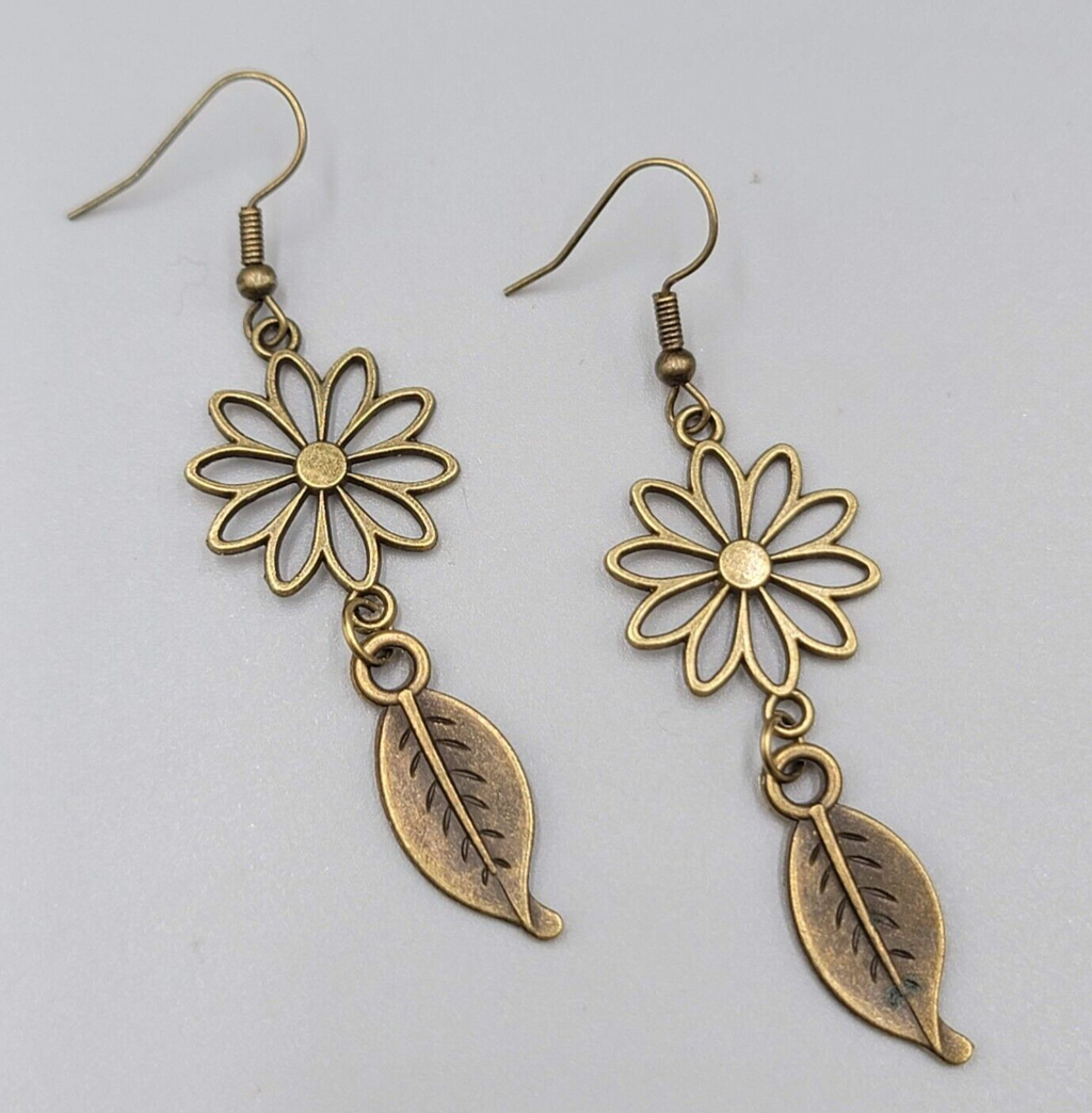 Flower Leaf Pierced Earrings Bronze tone Open Work Dangle NEW 2"