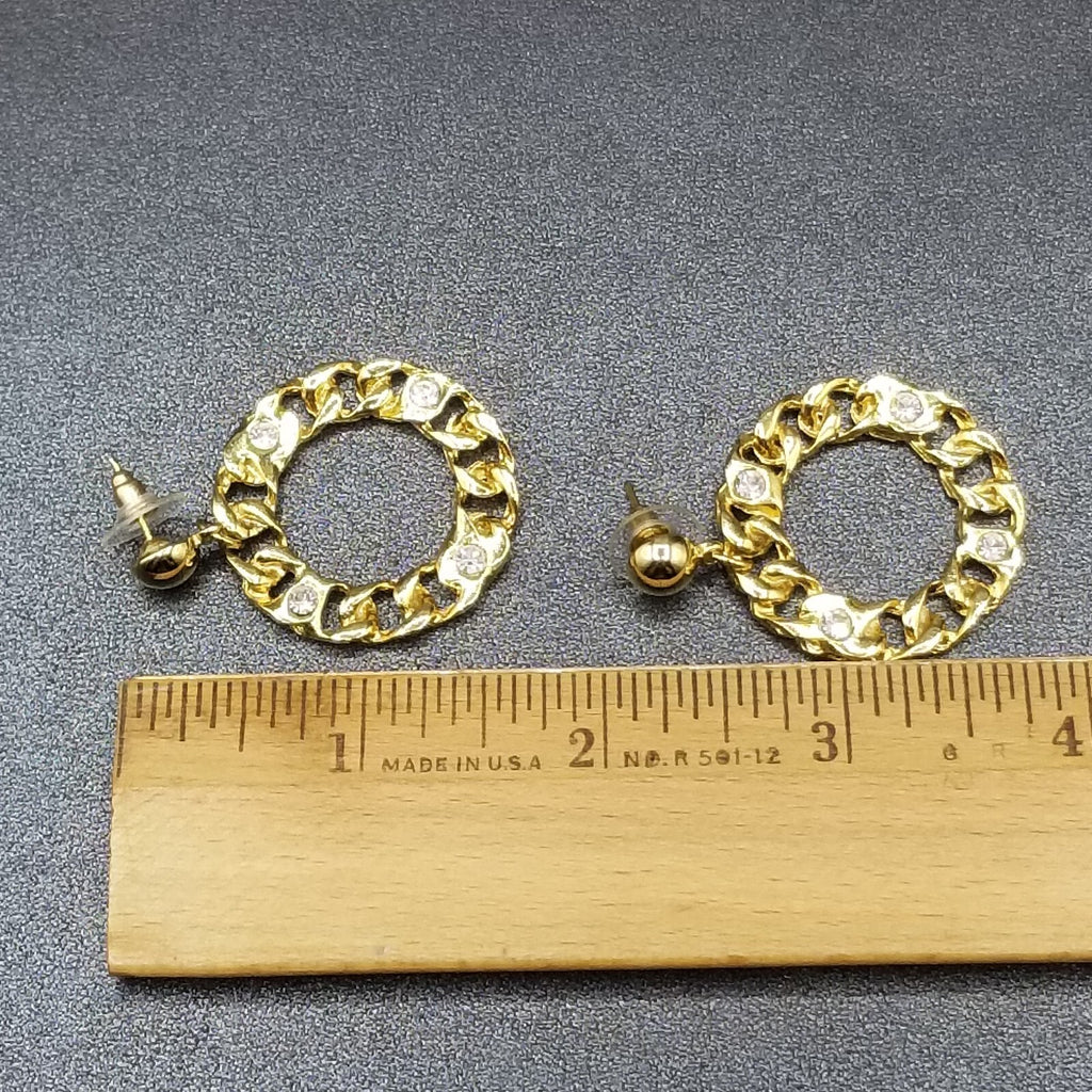 Pierced Earrings Gold tone Crystal Chain Link Open Ring Statement Dangle 1 3/4"
