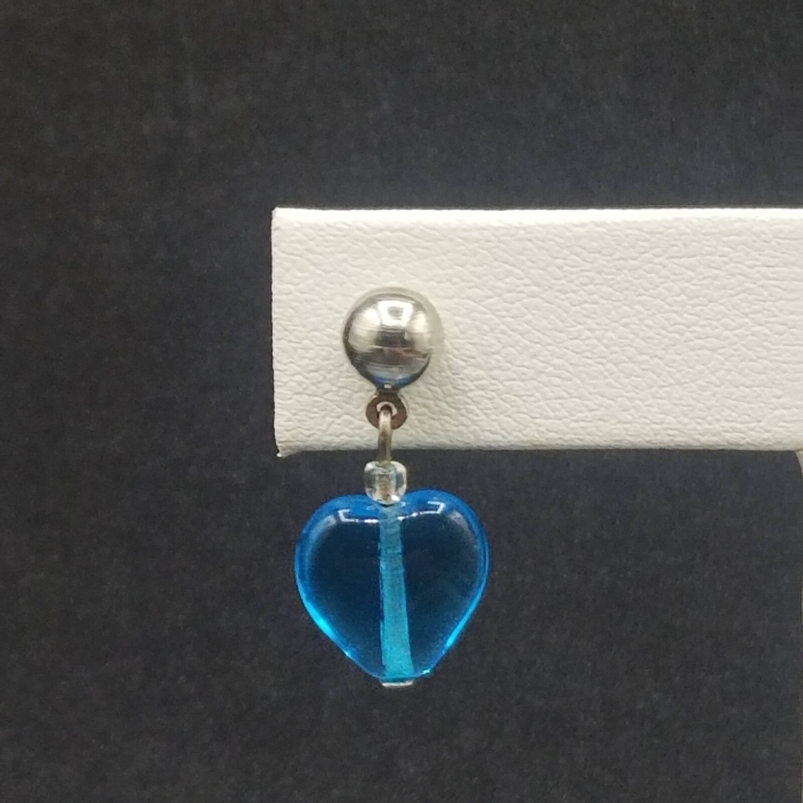 Pierced Earrings Silver tone Blue Crystal Heart Beaded Dangle 1"