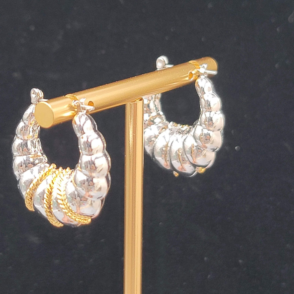 Puffy Hoop Pierced Earrings Gold tone Twisted Rope Detail Silver tone 1"