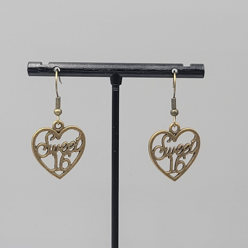 Sweet 16 Heart Pierced Earrings New Bronze tone Dangle 7/8"