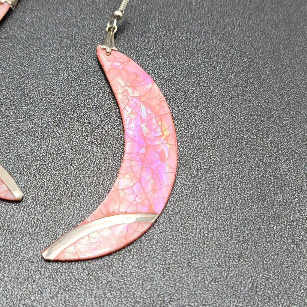 Vintage Pierced Earrings Silver tone Pink Mother of Pearl Inlay Statement 2.75"