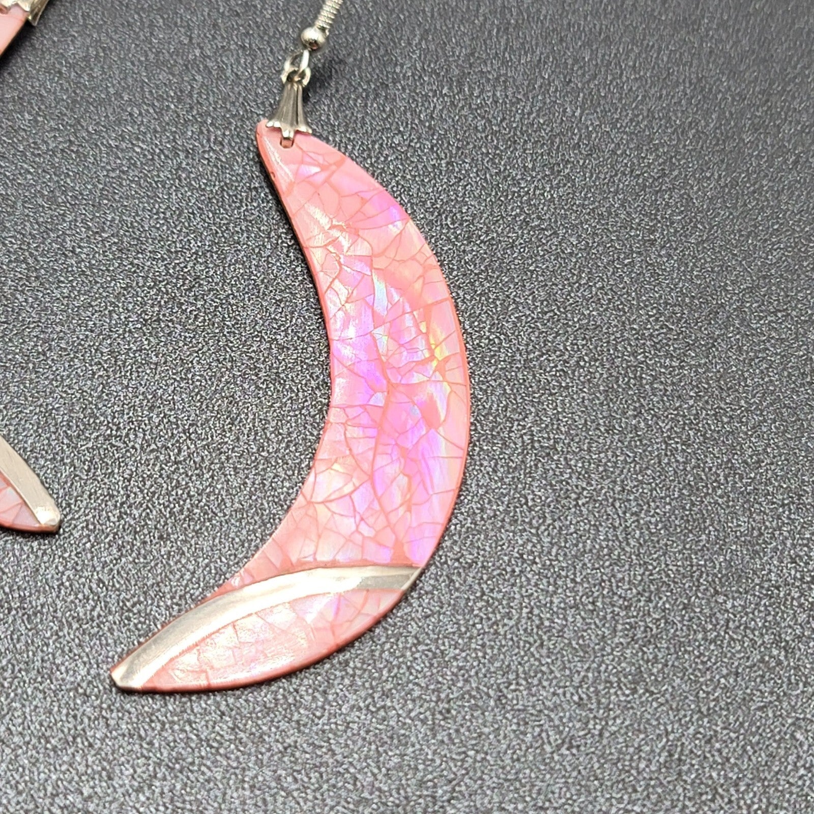 Vintage Pierced Earrings Silver tone Pink Mother of Pearl Inlay Statement 2.75"