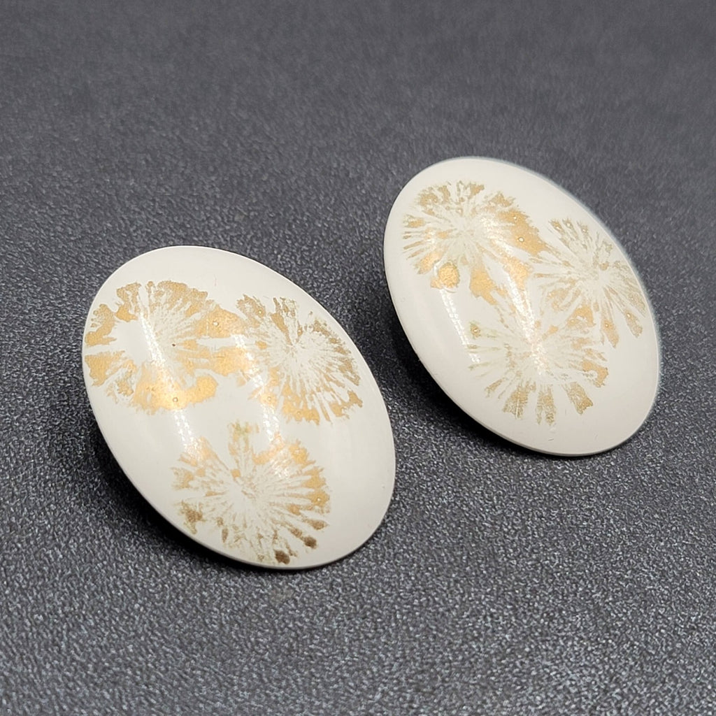 Vintage Pierced Earrings White Enamel over Metal Oval Gold Flowers Drop 1 3/8"