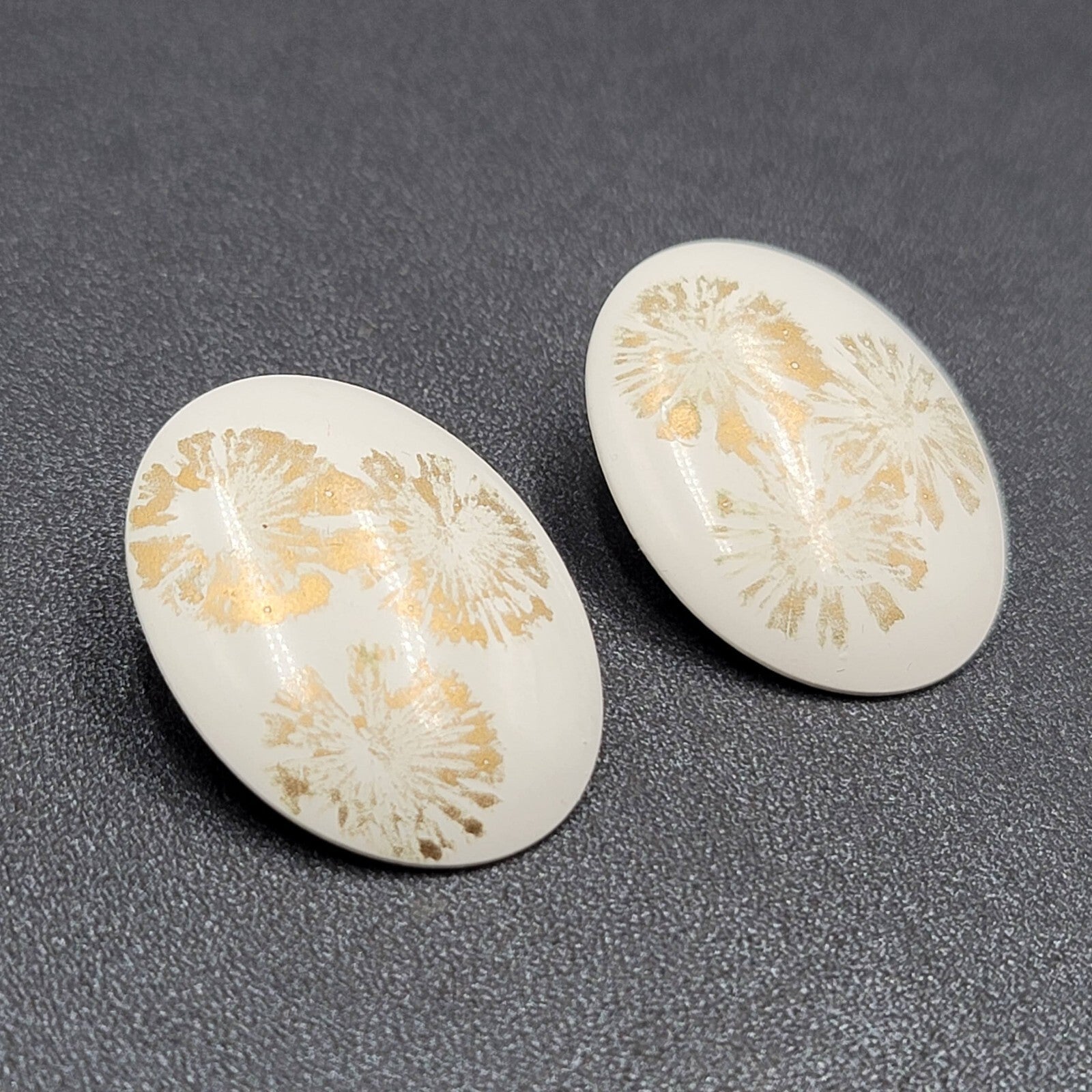 Vintage Pierced Earrings White Enamel over Metal Oval Gold Flowers Drop 1 3/8"