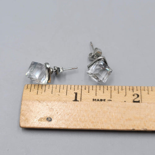 Crystal Cube Stud Pierced Earrings Silver tone 3/8 in