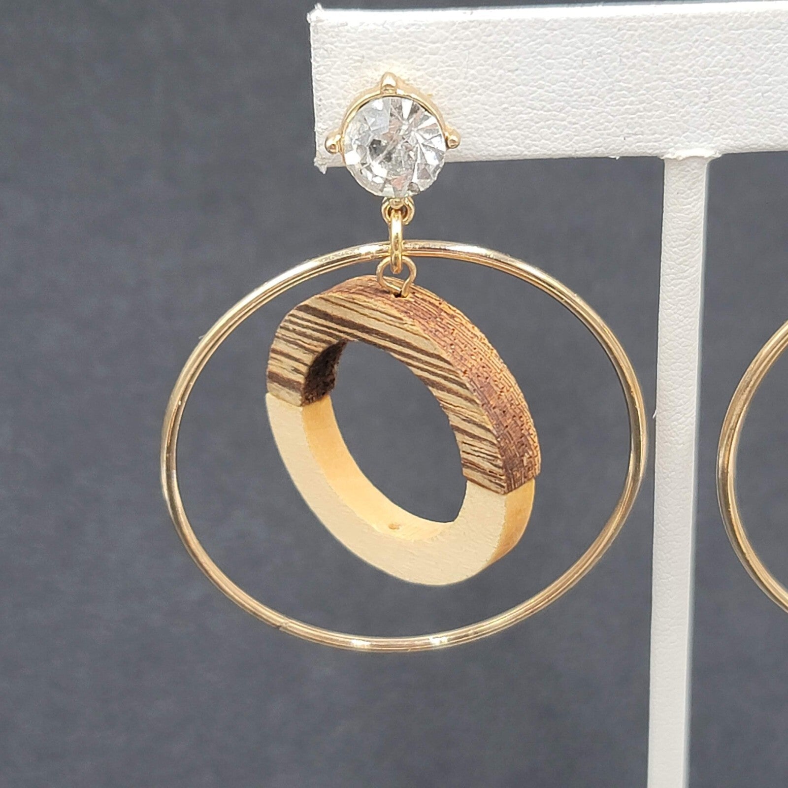 Pierced Earrings Gold tone Wood Rhinestone Hoops Dangle 2 1/4"
