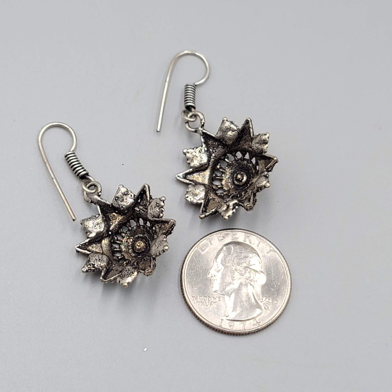 Oxidized Silver tone Pierced Earrings Boho Ethnic Ornate Dangle 1"