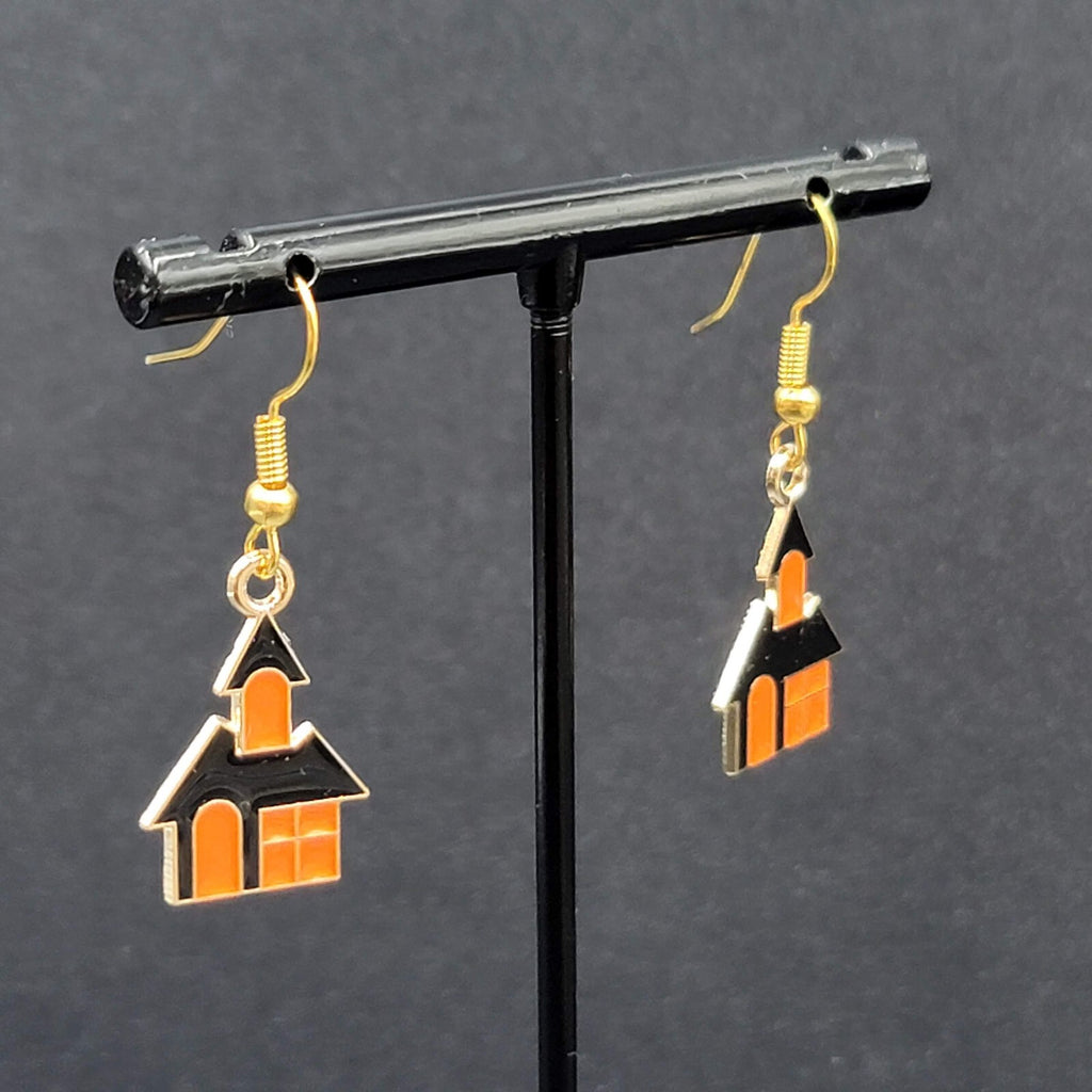 New Halloween House Pierced Earrings Purple Orange Enamel Gold tone Dangle 7/8"