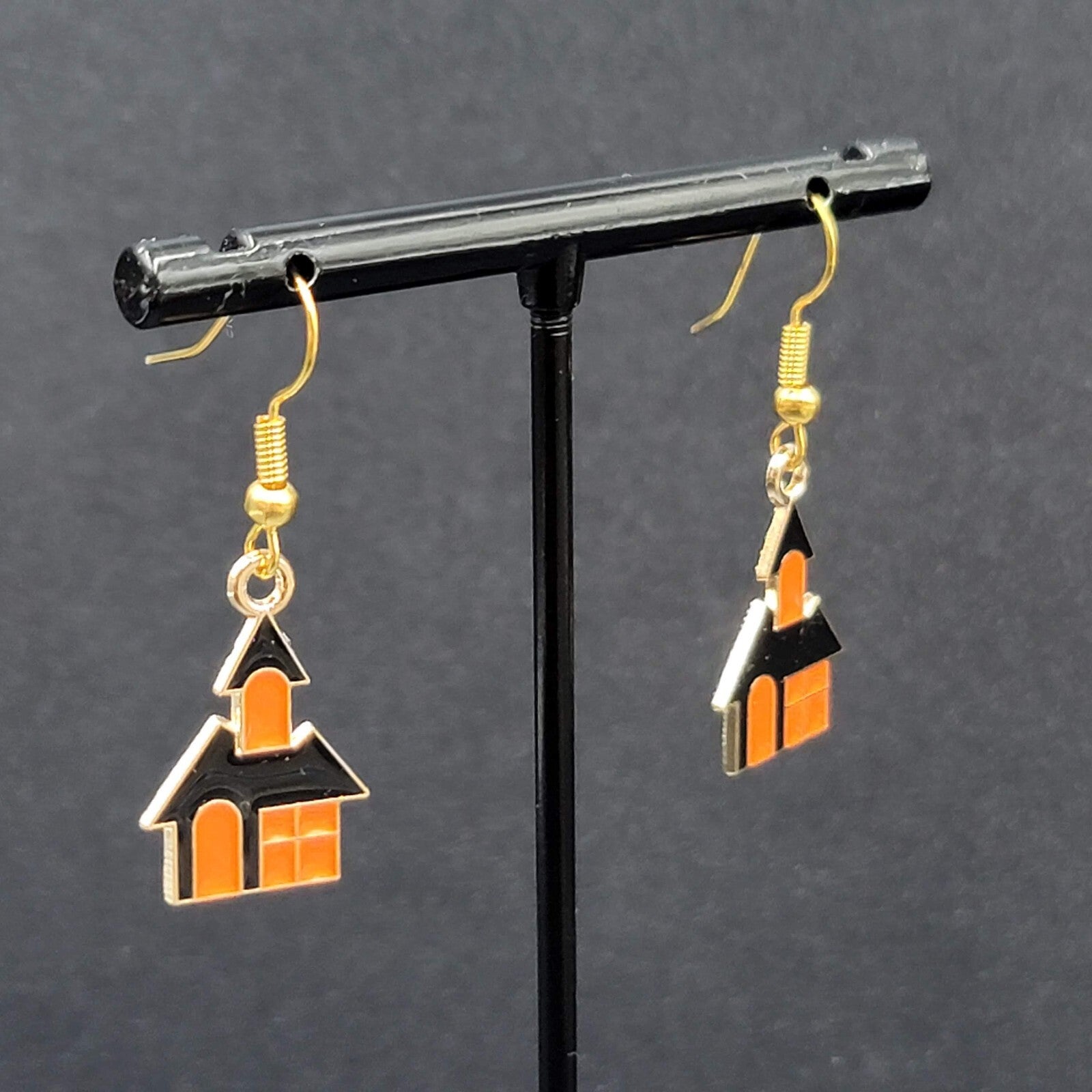 New Halloween House Pierced Earrings Purple Orange Enamel Gold tone Dangle 7/8"