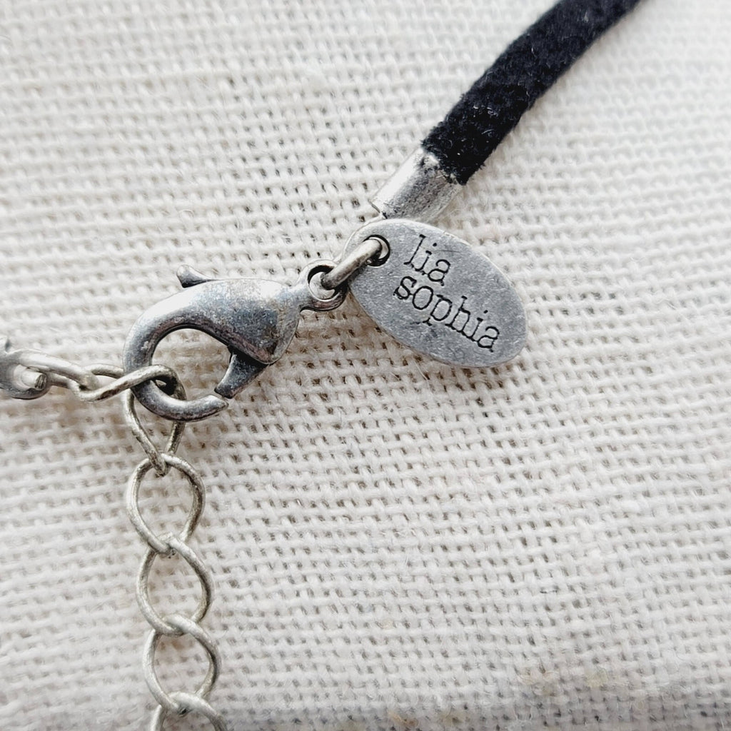 Lia Sophia Pendant Necklace Silver tone Crystal Suede Leather Cord 16"-19"