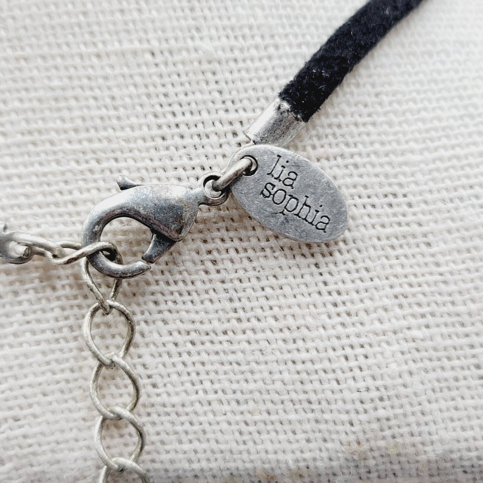 Lia Sophia Pendant Necklace Silver tone Crystal Suede Leather Cord 16"-19"
