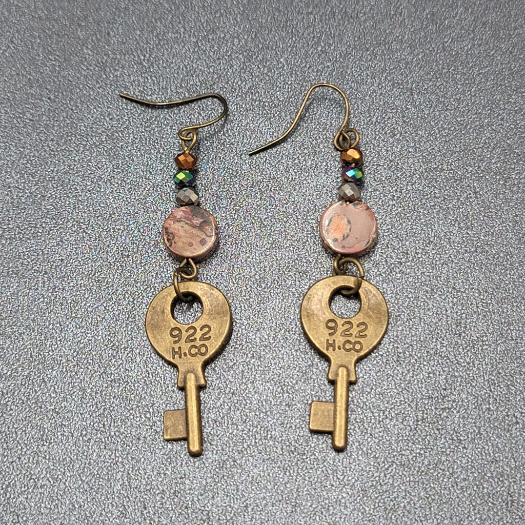 KEY Pierced Earrings Antiqued Gold tone Agate Stone Bead Dangle 2.25"