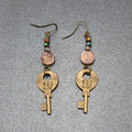 KEY Pierced Earrings Antiqued Gold tone Agate Stone Bead Dangle 2.25"