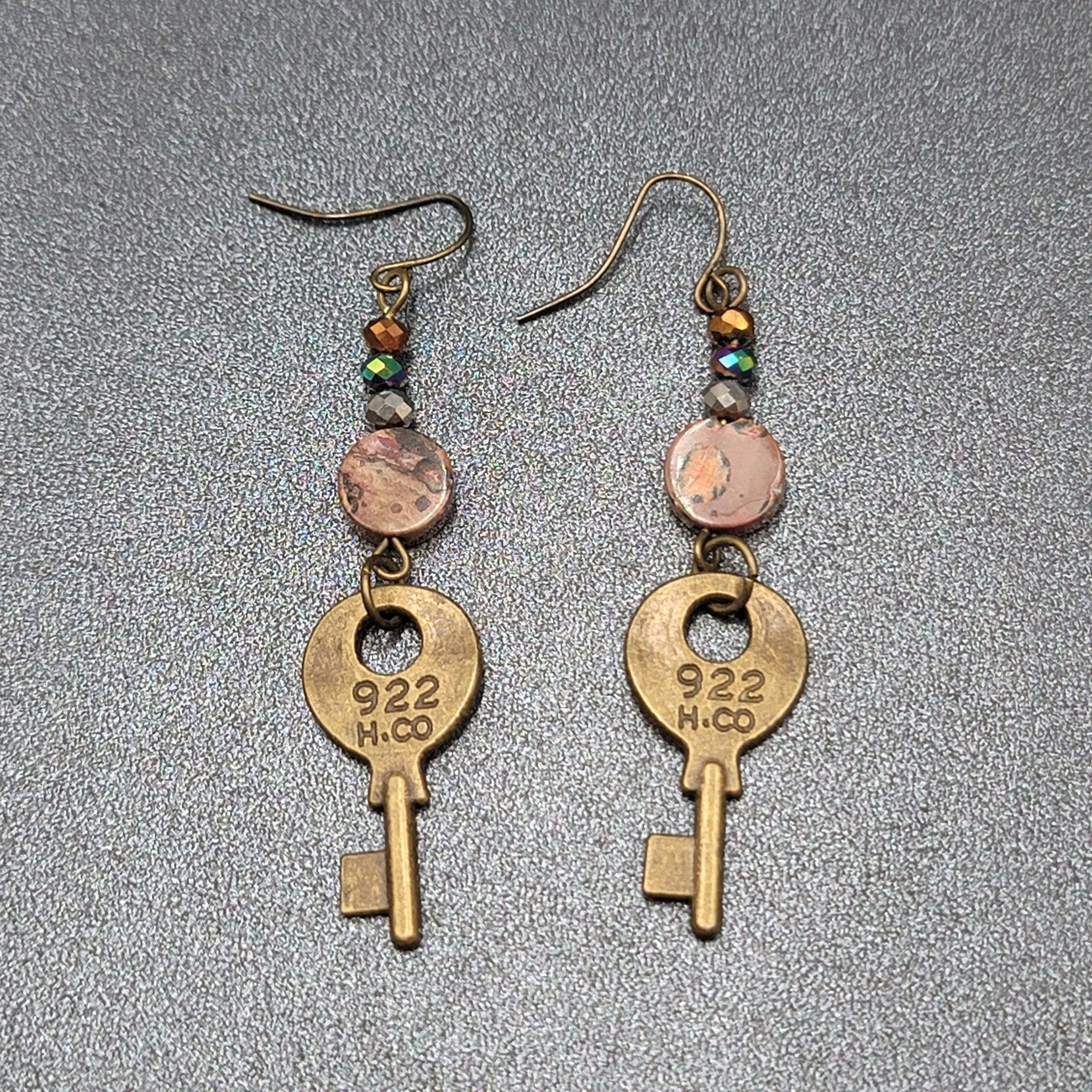 KEY Pierced Earrings Antiqued Gold tone Agate Stone Bead Dangle 2.25"