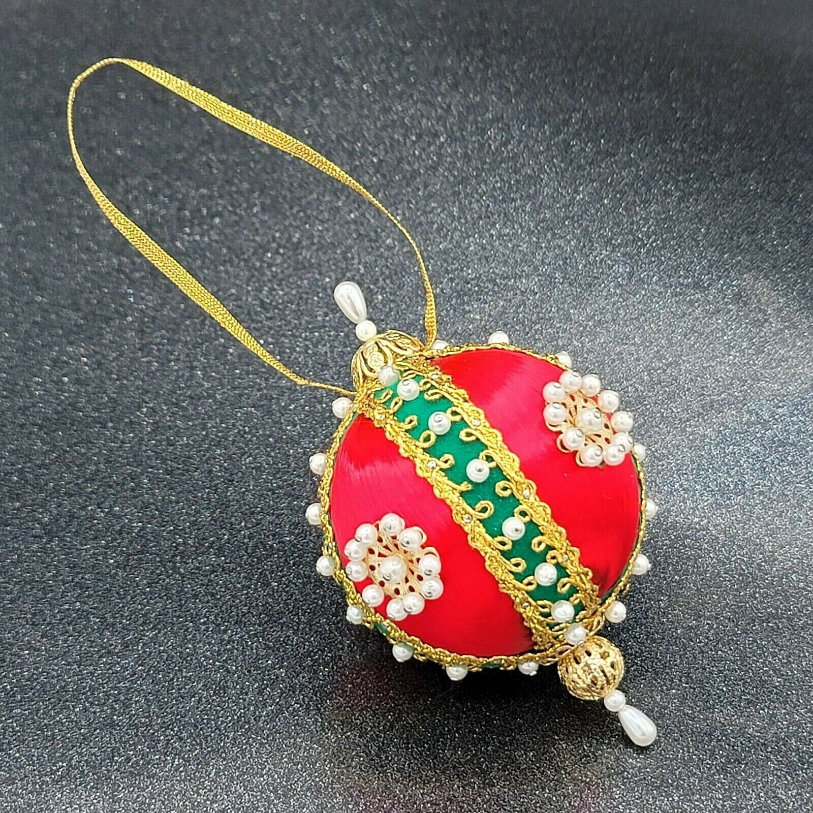 Vintage Red Spun Satin Pearl Push Pin Christmas Ornament Velvet Ribbon Beads 4"