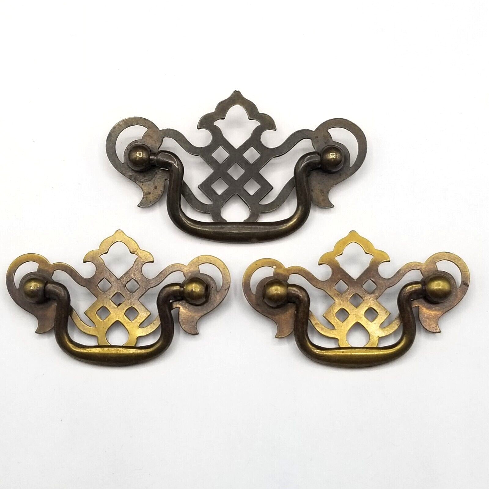 Vintage Steel Chippendale Drawer Pull Hardware Ornate Lot of 3 