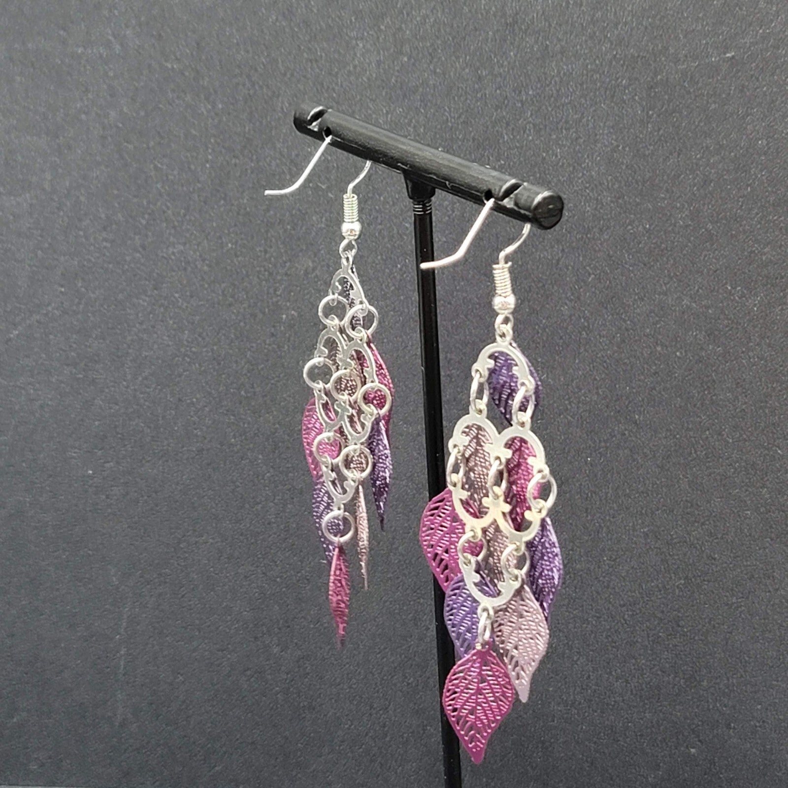 Pierced Earrings Purple Metal Laser Cut Chandelier Dangle 2.5"