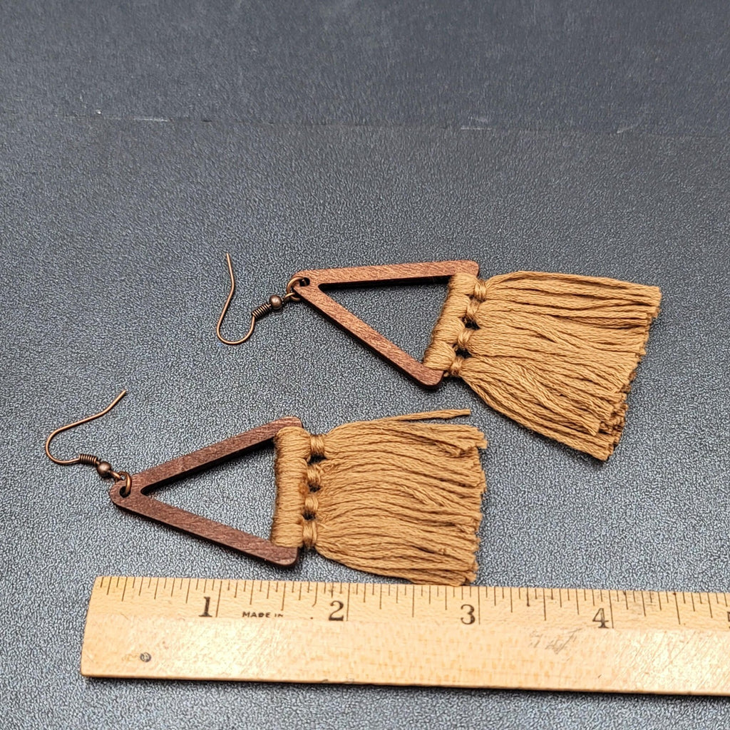 New Boho Pierced Earrings Wood Triangle Gold Brown Tassel Statement 3"