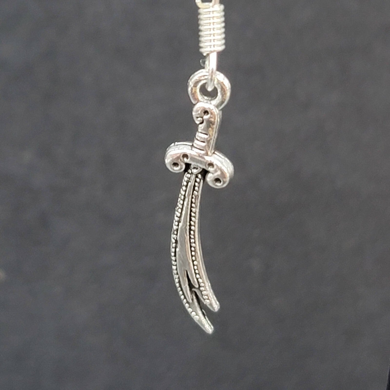 Pierced Earrings Scimitar Sword Silver tone Dangle 1"