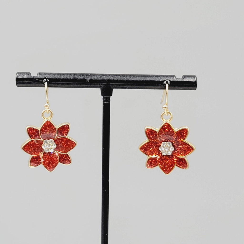 Poinsettia Pierced Earrings Christmas Red Glitter Enamel Rhinestone Dangle 7/8"