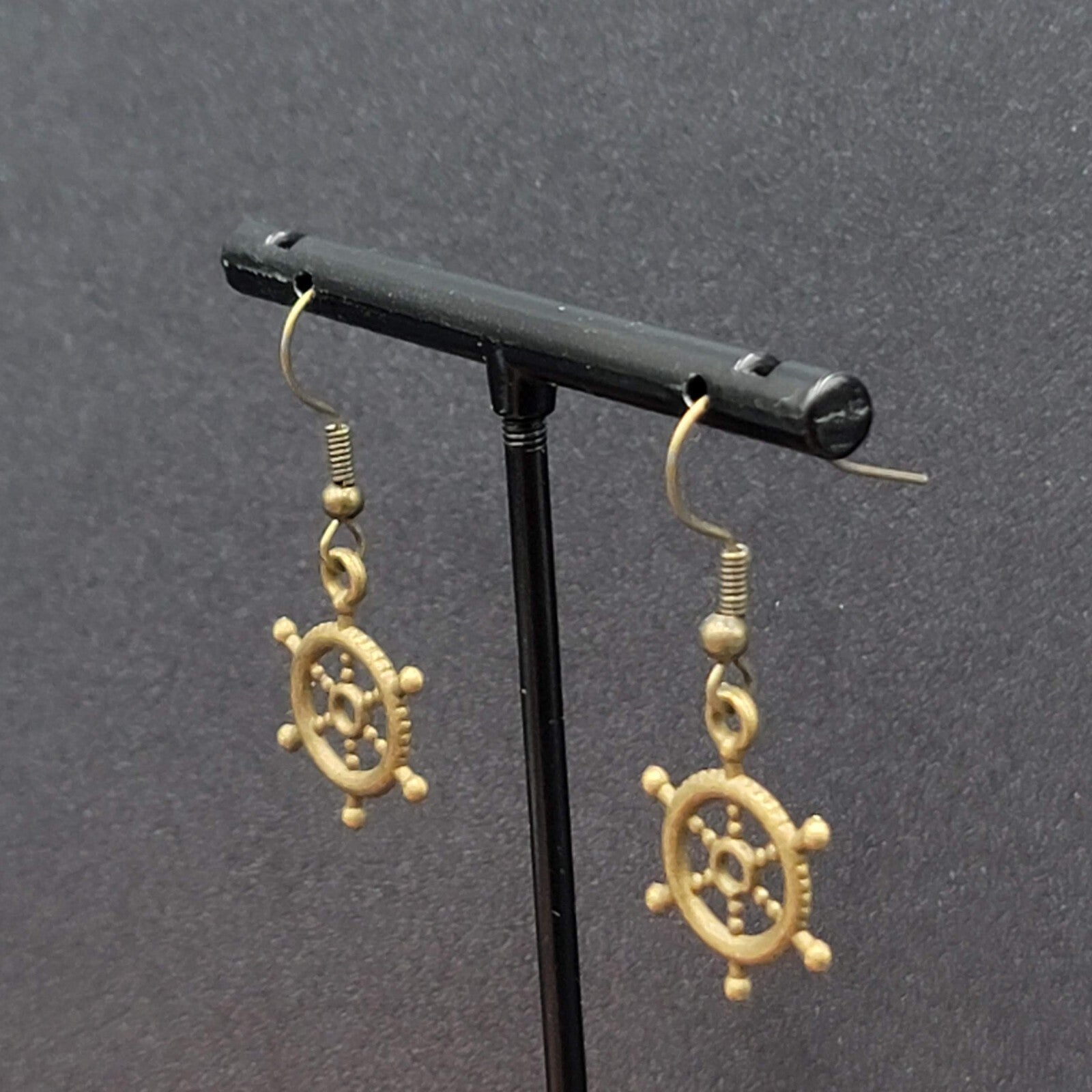 New Nautical Ships Wheel Pierced Earrings Bronze tone Embossed Dangle 3/4"