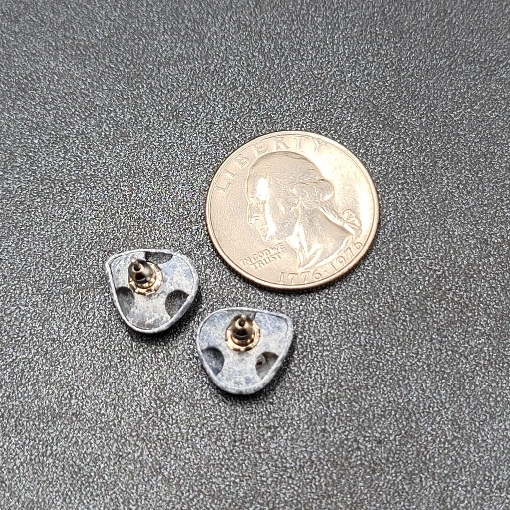 Vintage Pierced Earrings Blue Gray Enamel Splatter Heart Studs 1/2"