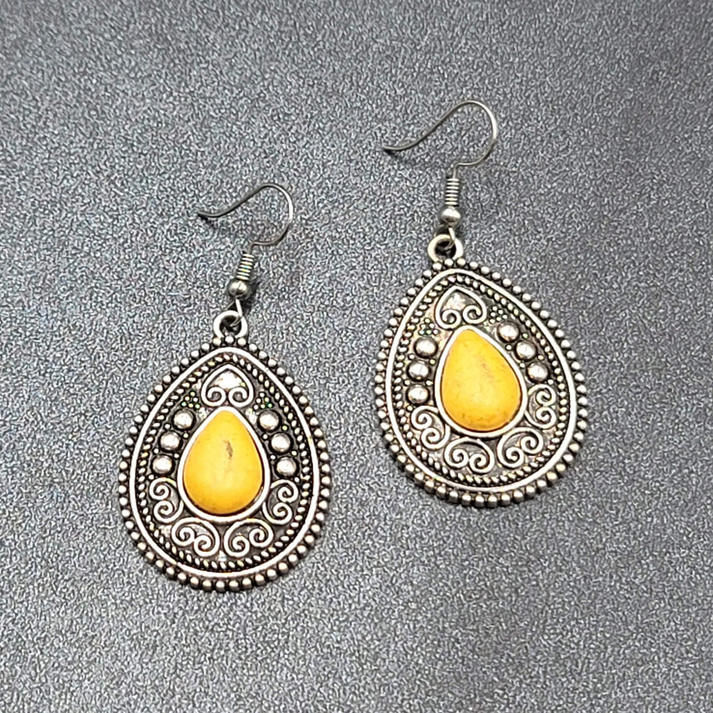 Boho Pierced Earrings Silver tone Yellow Black Center Dangle 1.5"