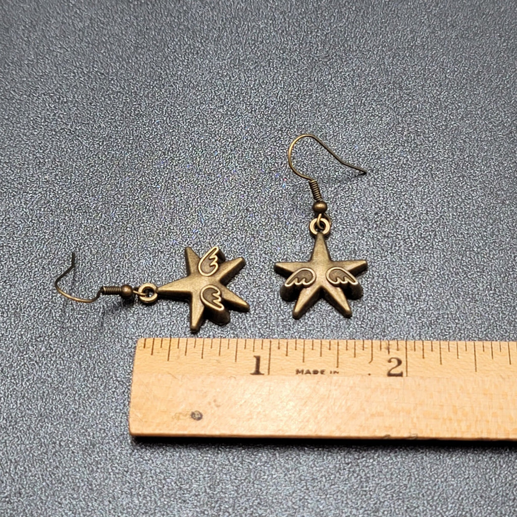 New WINGED STARS Pierced Earrings Bronze tone Dangle 7/8"