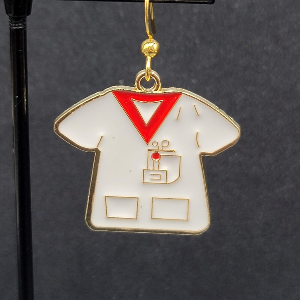 Nurse Scrub Top Pierced Earrings Red White Enamel Gold tone Dangle 1"