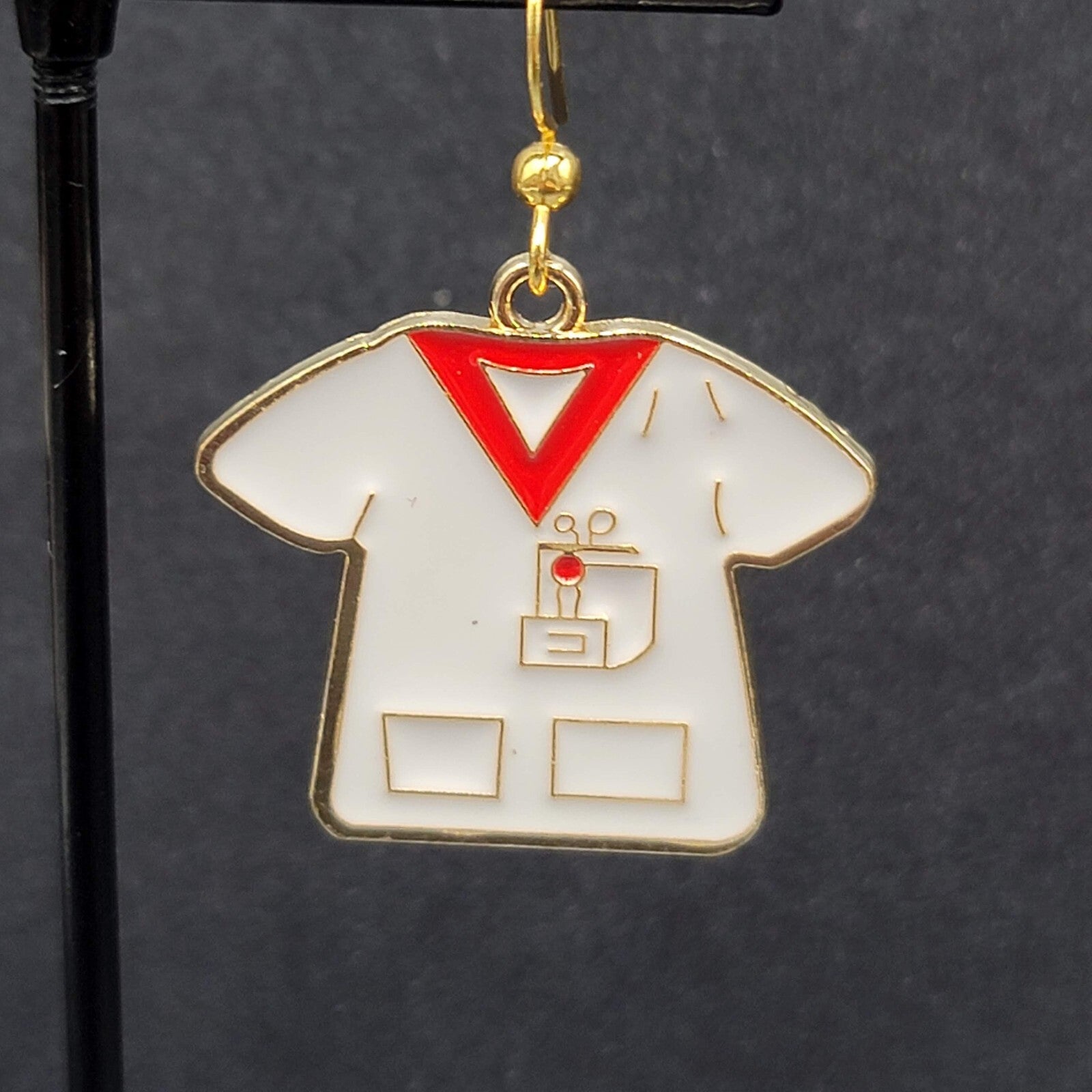 Nurse Scrub Top Pierced Earrings Red White Enamel Gold tone Dangle 1"